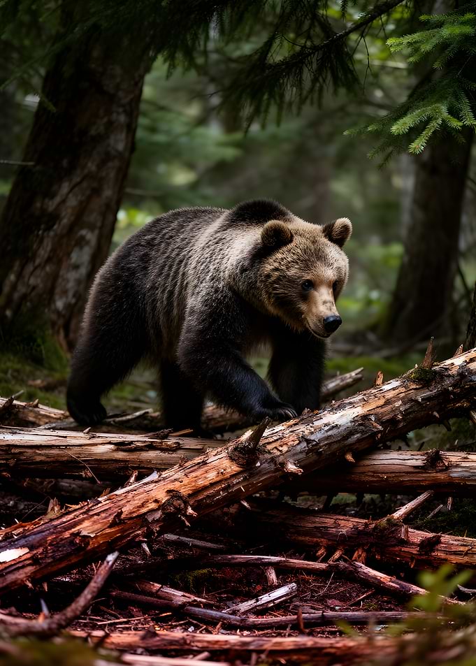 Brown bear walking on logs