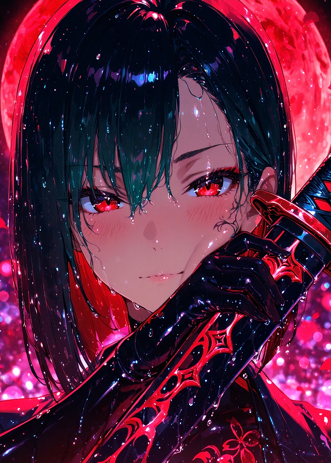 Anime Girl with Katana and Red Moon