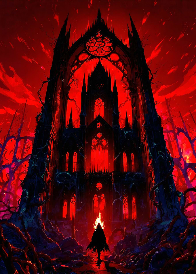 Dark Gothic Cathedral with Fiery Figure