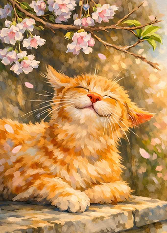 Happy Cat Under Cherry Blossoms