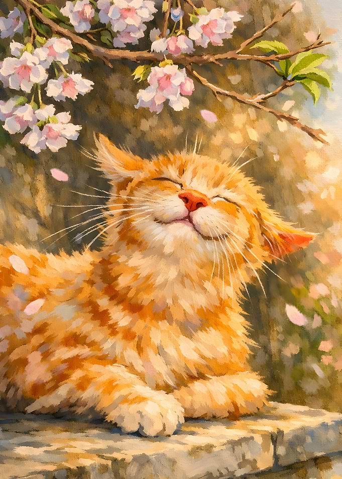 Happy Cat Under Cherry Blossoms