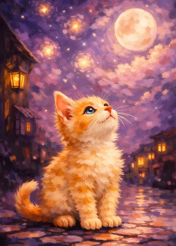 Kitten Gazing at the Moonlit Sky