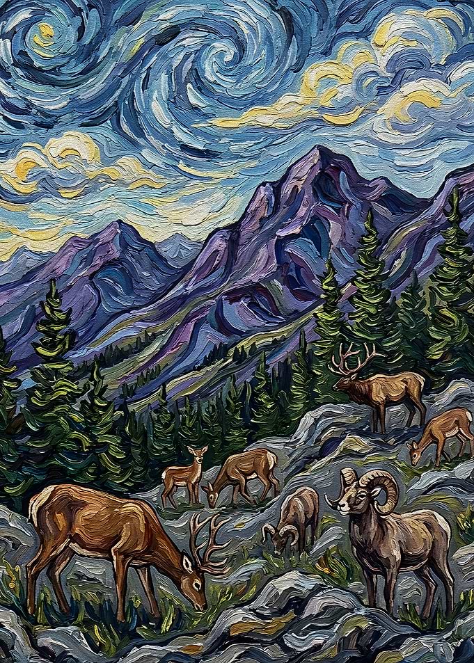 Mountain Landscape with Deer and Ram