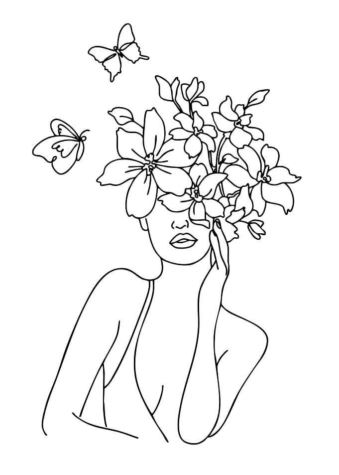 Line Art Woman with Flowers and Butterflies