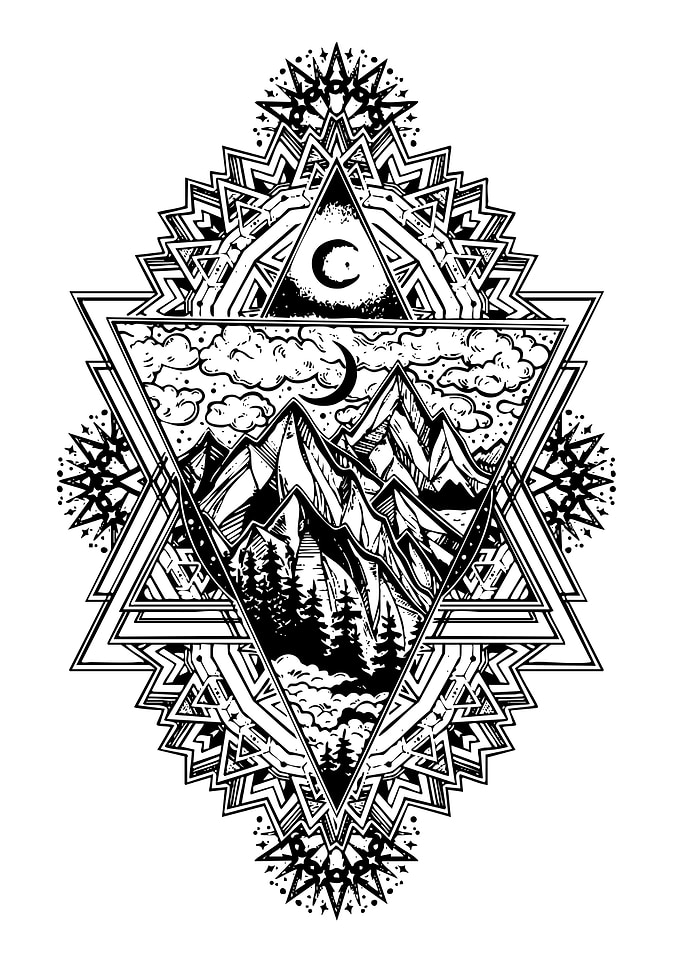 Geometric Mountain Landscape with Moon and Stars