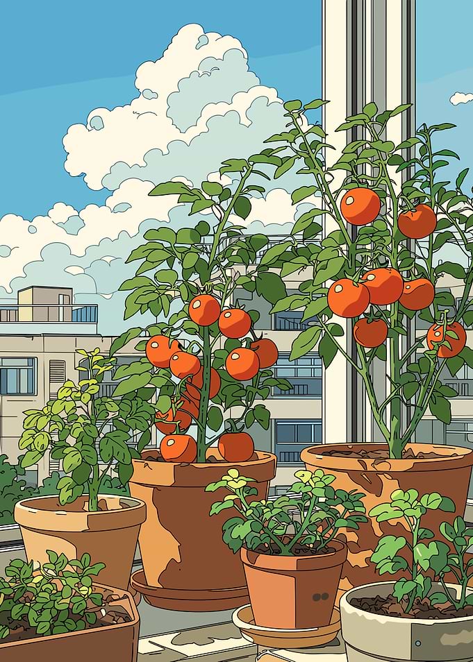 Balcony Garden with Tomatoes and Clouds