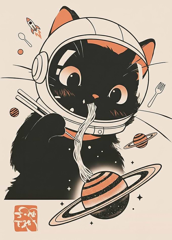 Astronaut Cat Eating Noodles in Space