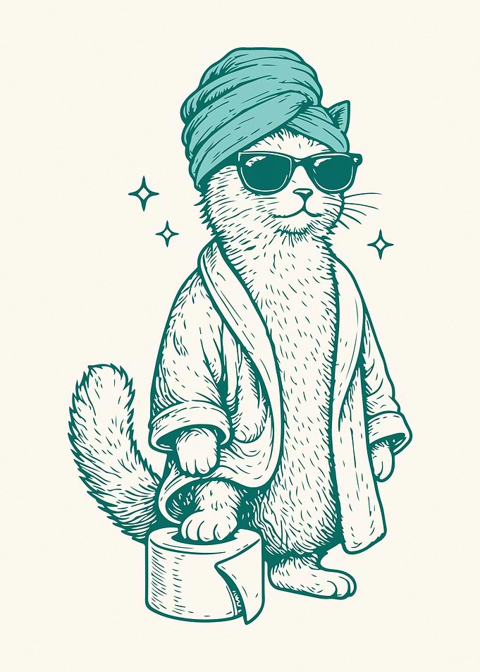 Cat in with towel on head, sunglasses and toilet paper.