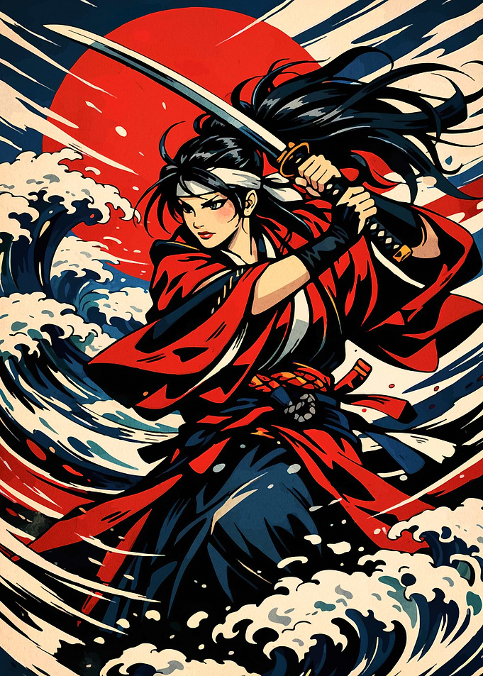 Samurai Woman Fighting in Waves