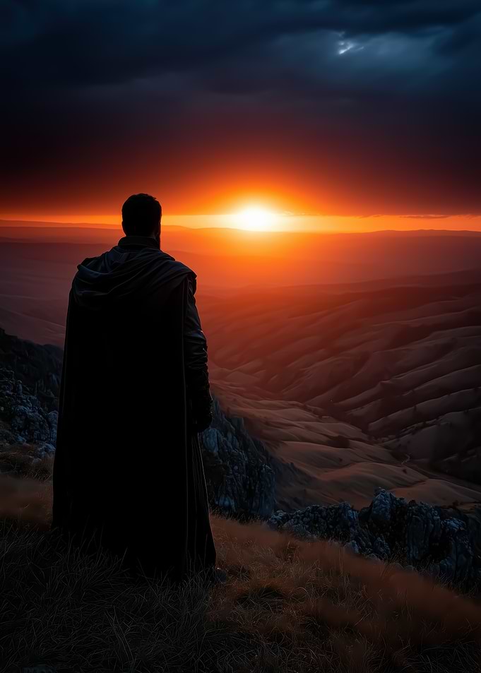 Man in Cape Watching Sunset Over Mountains