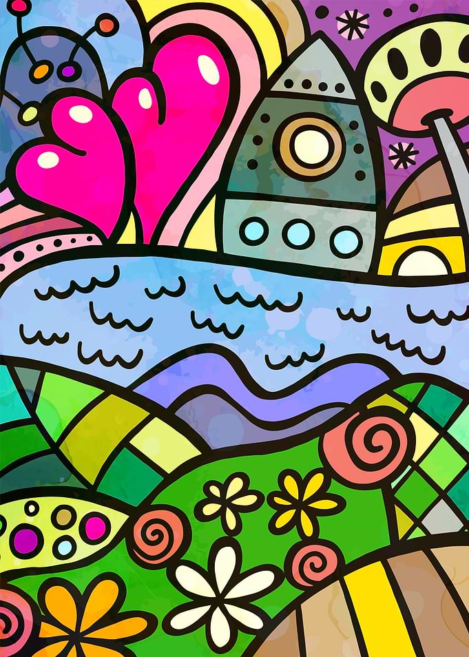 Whimsical Hearts and Rocket Landscape
