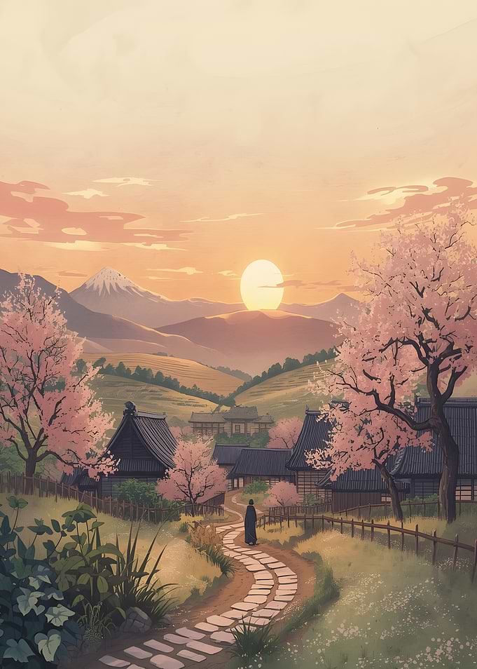 Serene Japanese Village at Sunset