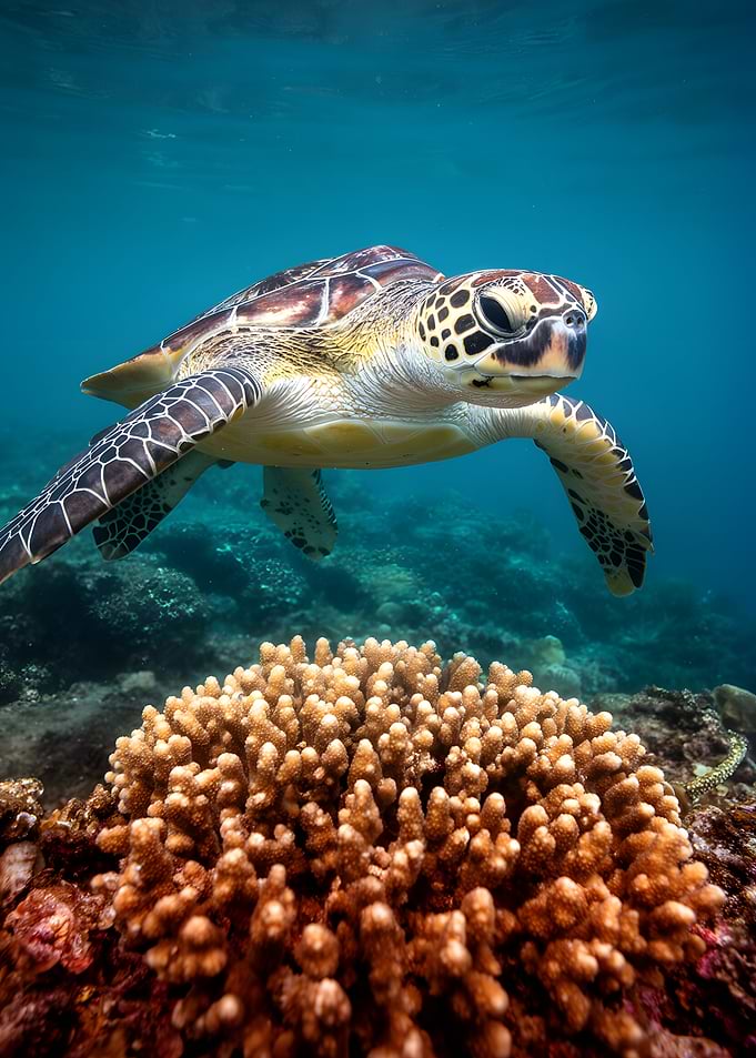 Sea Turtle Swimming Over Coral Reef