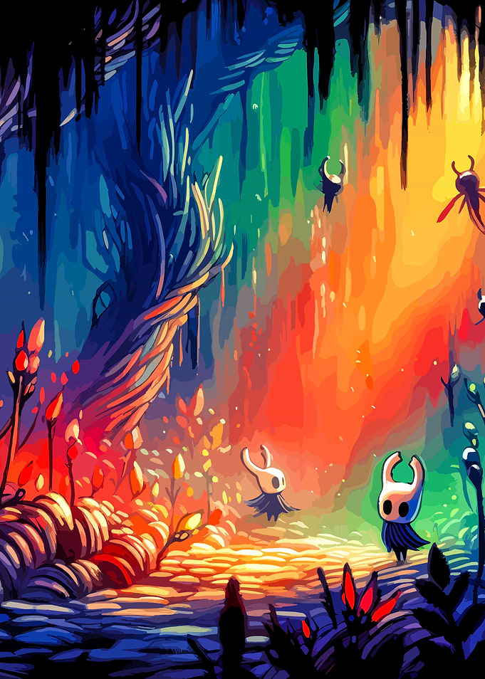 Hollow Knight Characters in a Vibrant Forest