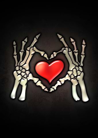 Skeleton Hands Forming a Heart with a Red Heart