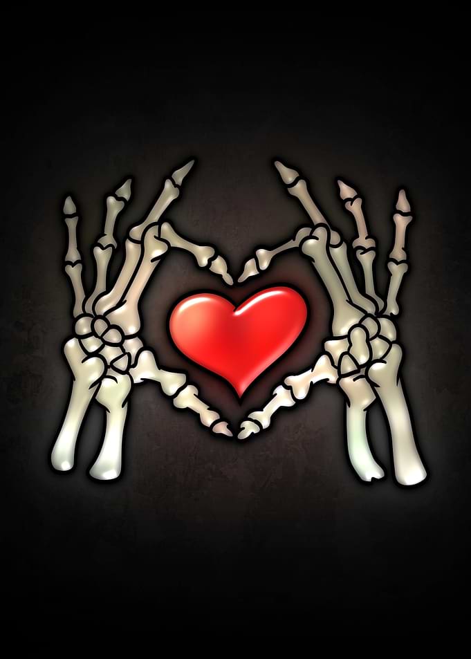 Skeleton Hands Forming a Heart with a Red Heart
