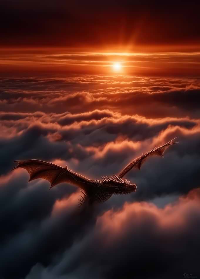Dragon flying through clouds at sunset