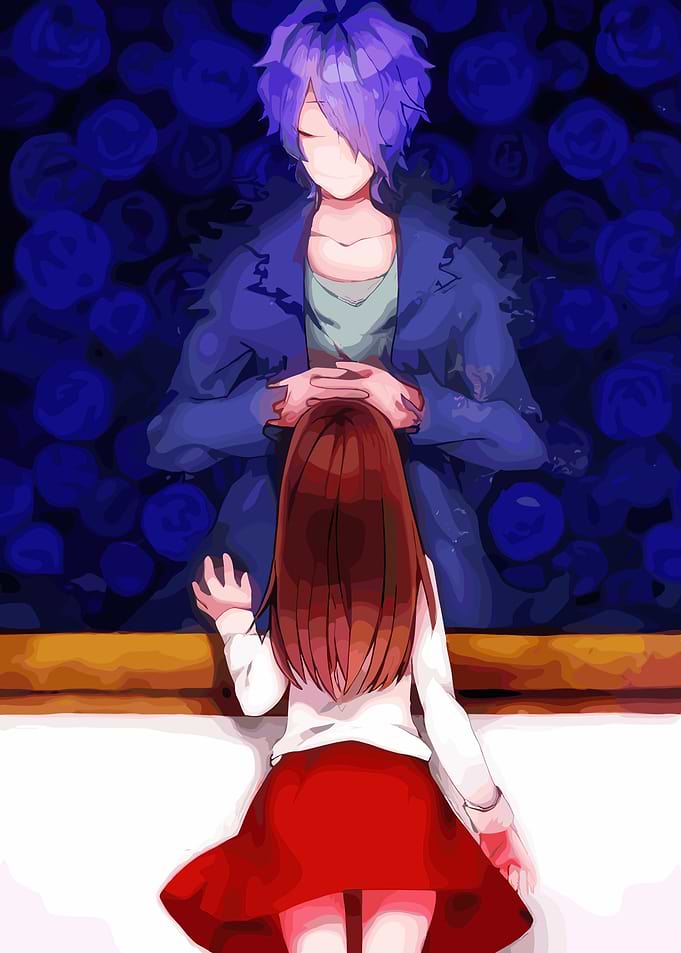 Anime characters with purple hair and red skirt