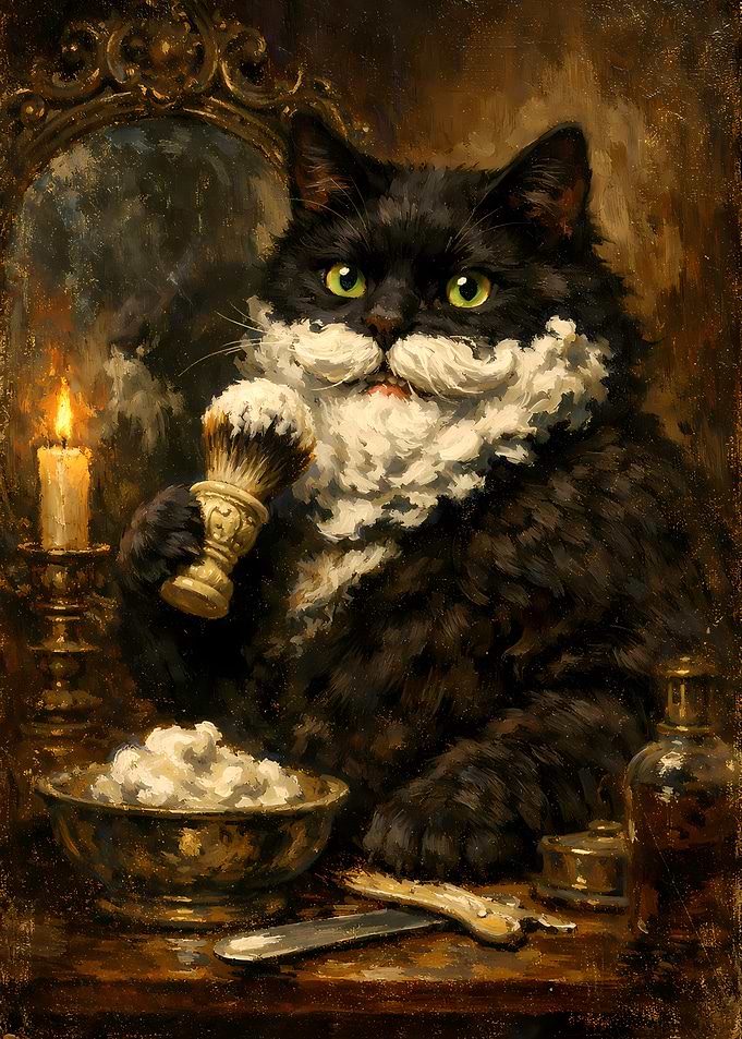 Black Cat Shaving Cream Washroom Oil Painting