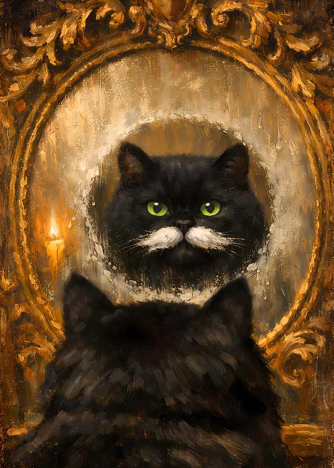 Black Cat Mirror Reflection Bathroom Oil Painting