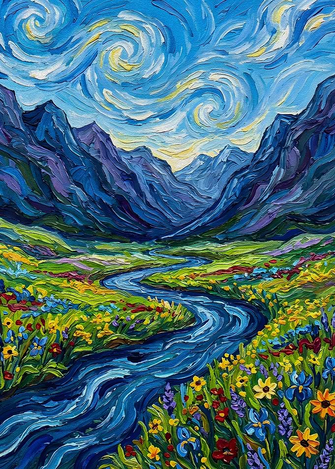Impressionistic Mountain Valley River Painting