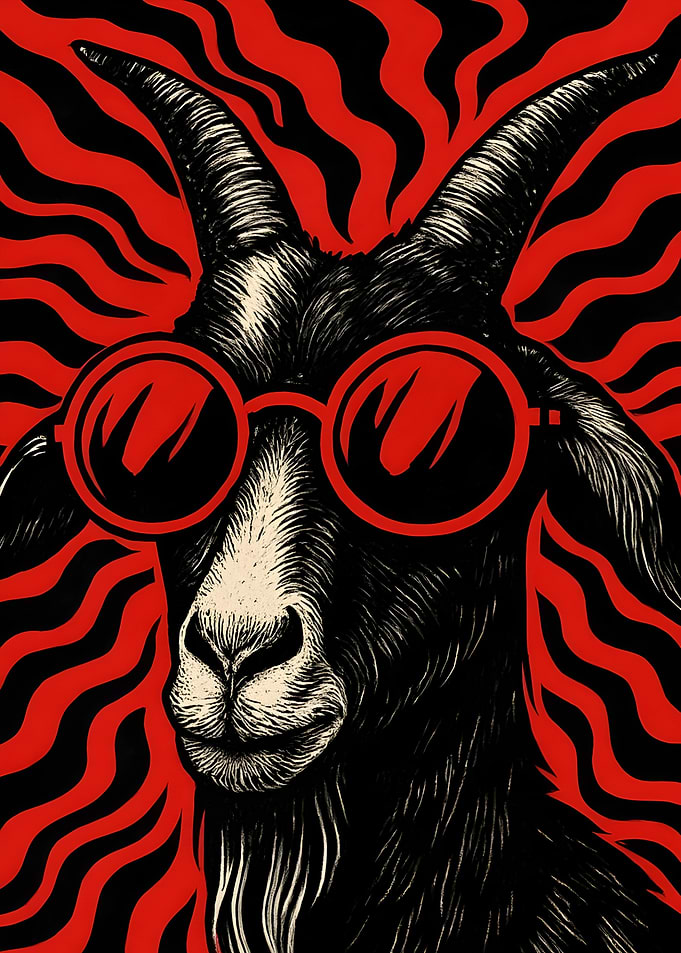 Goat Wearing Sunglasses with Red Background