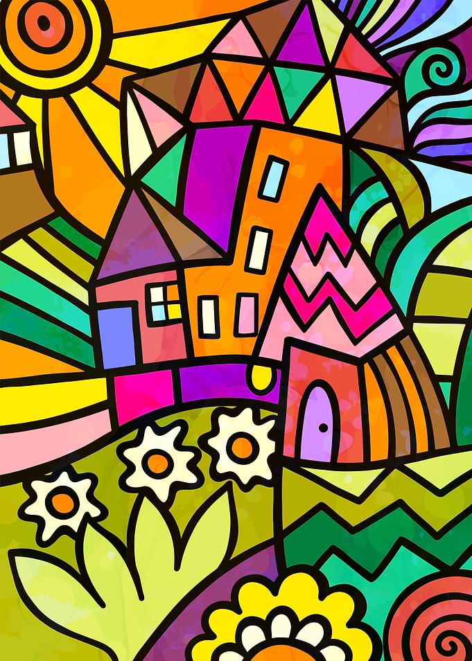 Colorful Abstract Village Scene
