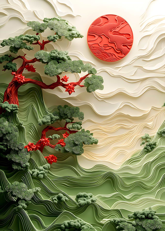 Japanese Landscape with Bonsai Tree and Sun