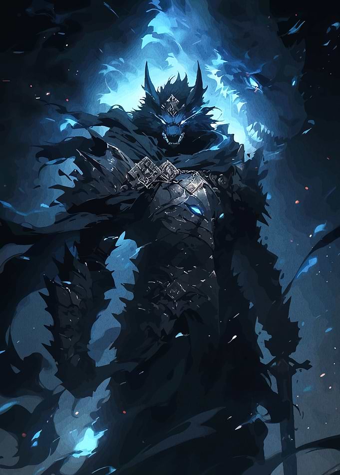 Dark Wolf Warrior with Blue Flames