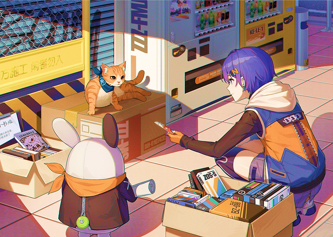 Anime girl with cat and plush toy