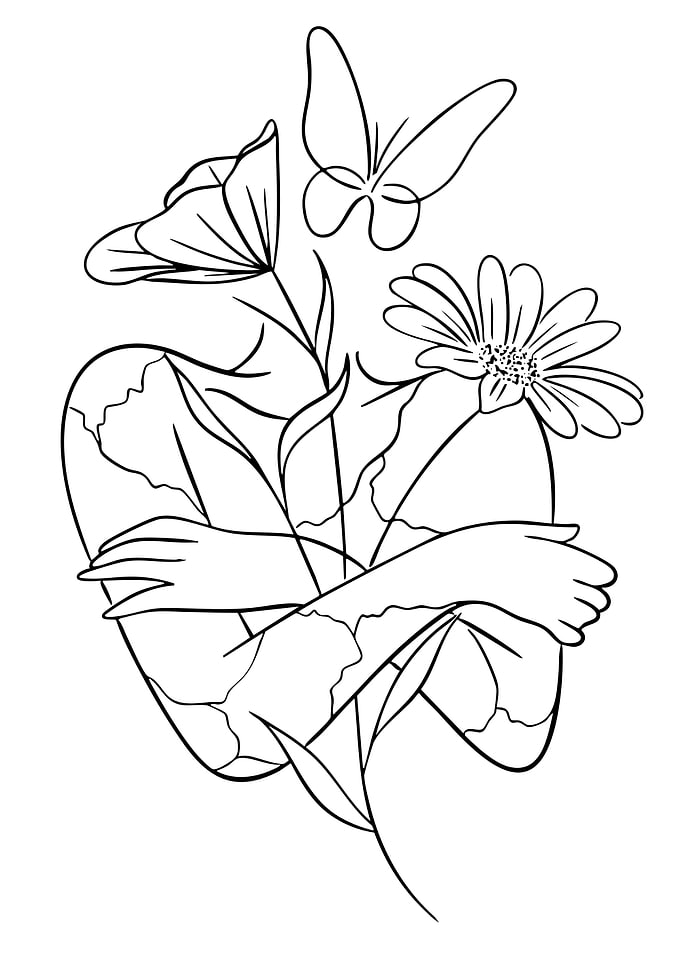 Line Art of Woman Embracing Flowers and Butterflies
