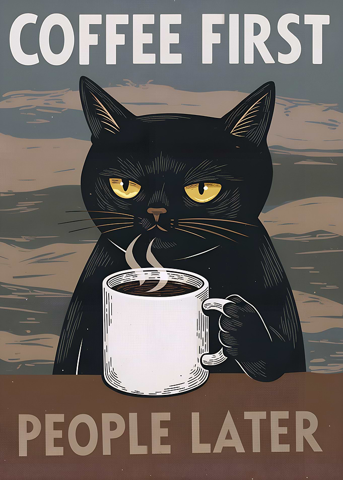 Black Cat Drinking Coffee