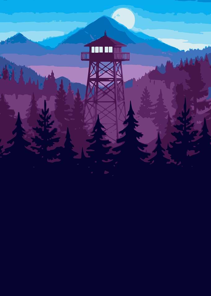 Fire lookout tower in a forest serene nighttime landscape