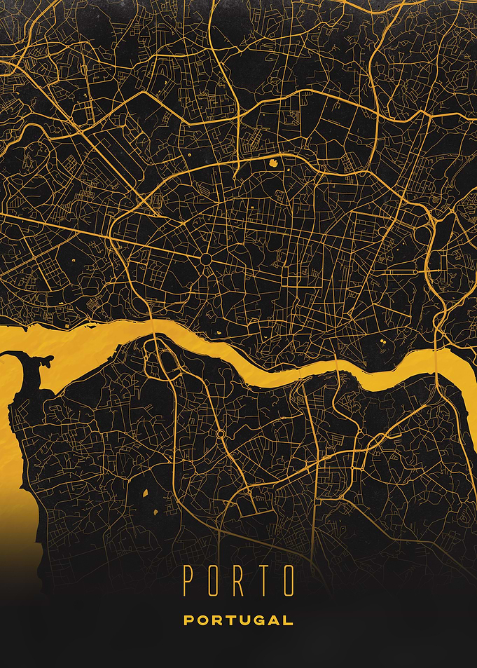 Porto, Portugal - Golden Streets Map Poster, Modern Wall Art
