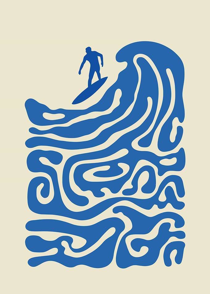 Surfer Riding a Blue Wave