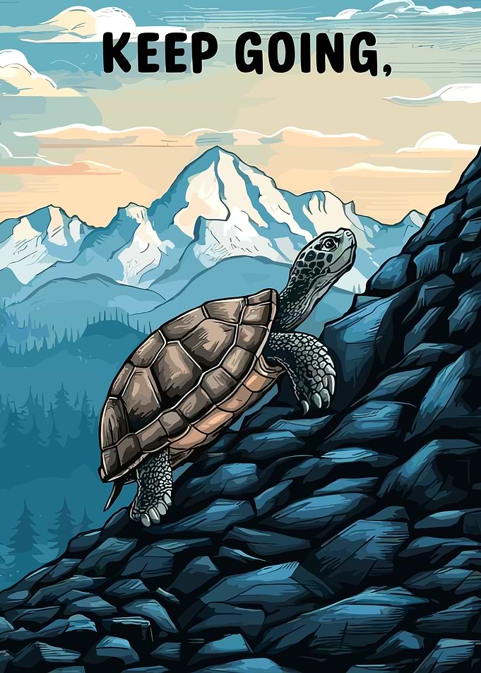Turtle climbing a rocky mountain