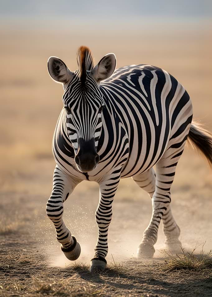 Zebra running in the dust