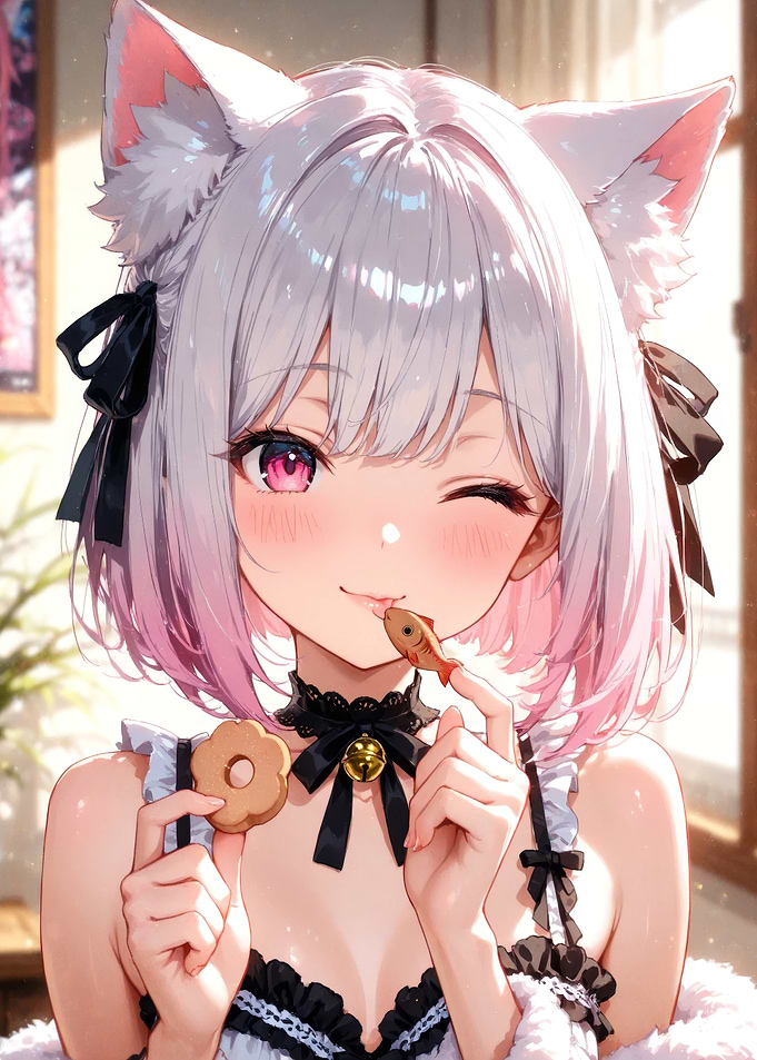 Anime Cat Girl with Cookie and Fish Cracker