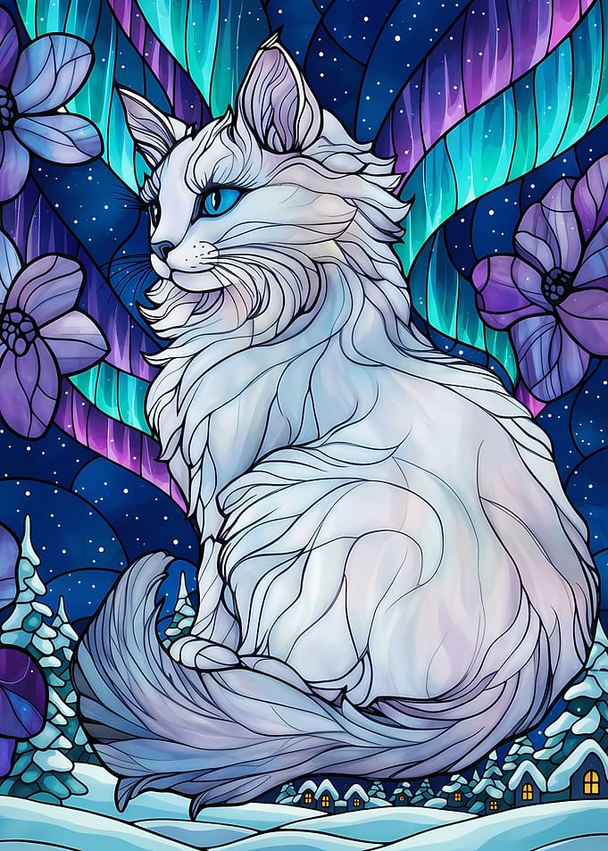 White Cat Under Aurora Borealis