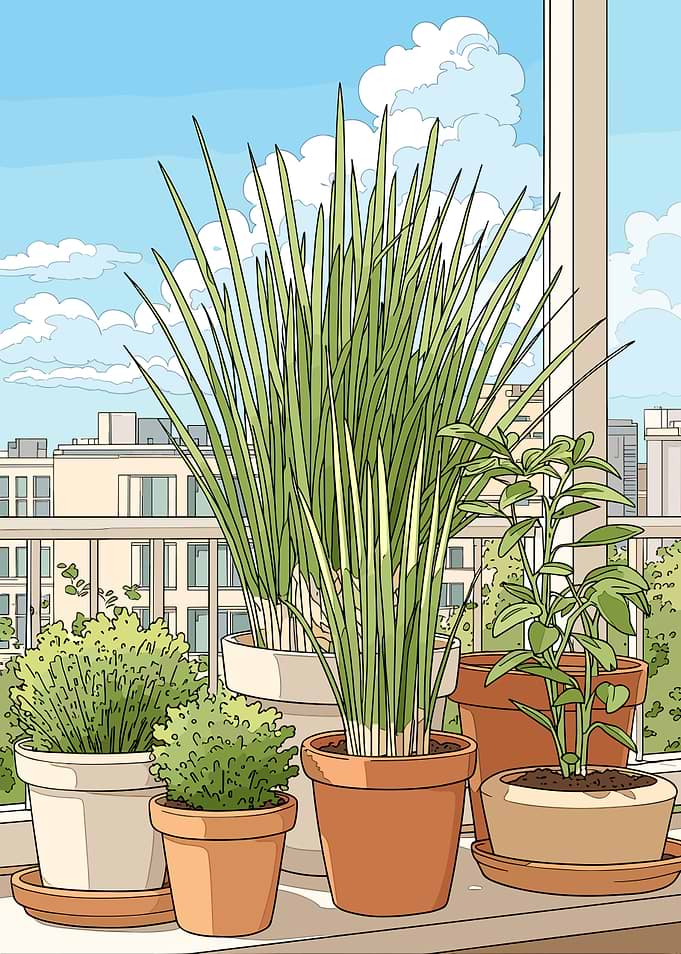 Potted plants on a balcony overlooking city