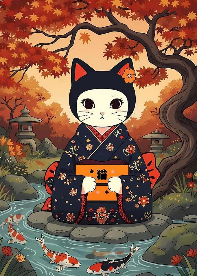 Cat in Kimono by Koi Pond