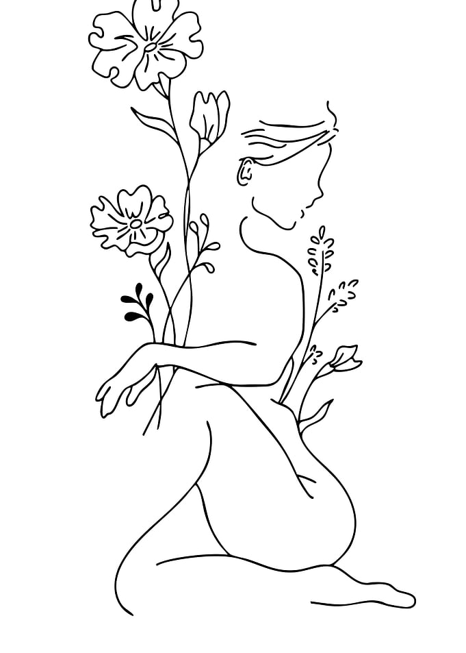 Woman and Flowers Line Art