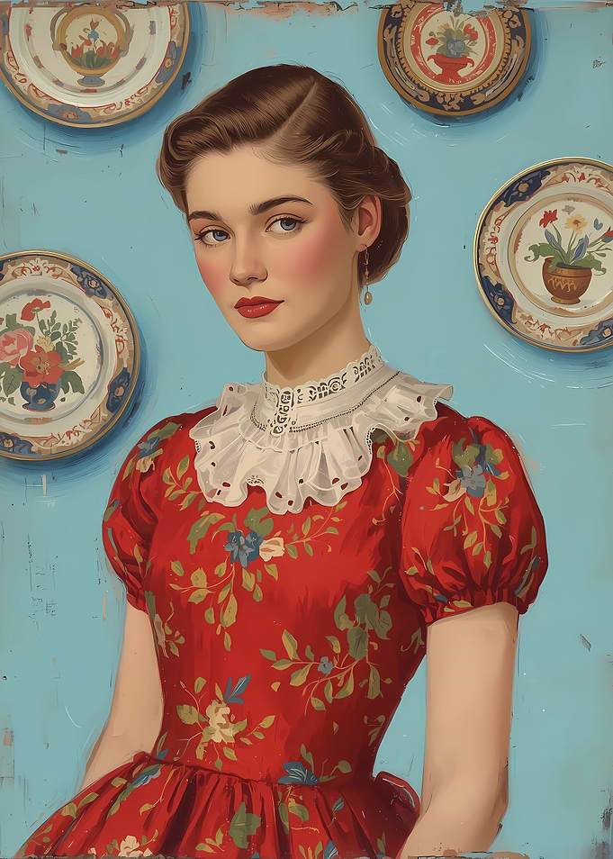 Woman in floral dress with decorative plates