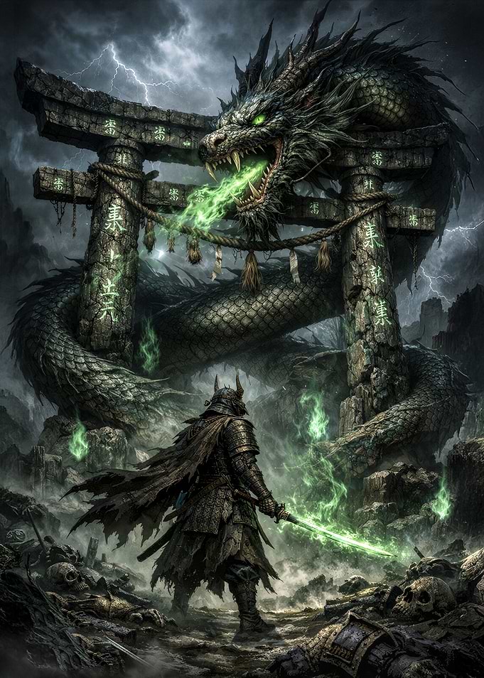 Samurai vs Dragon at Torii Gate
