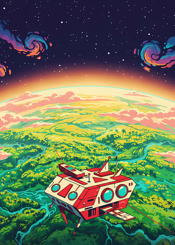 Retro Spaceship Over a colorful planet