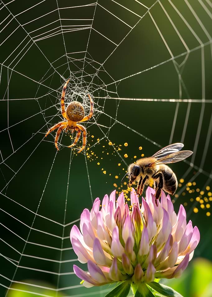 Spider and Bee on Clover Flower