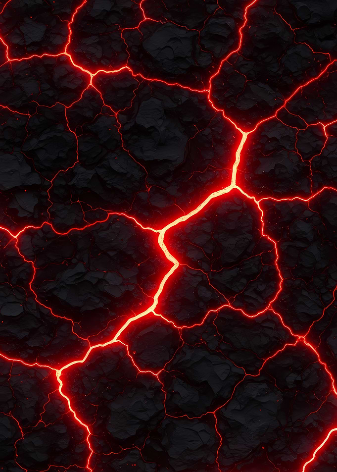 Glowing Red Lava Cracks on Dark Volcanic Rock Surface
