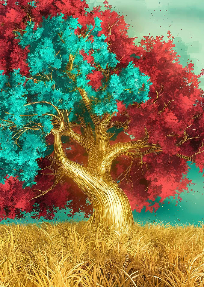 Surreal Tree with Red and Teal Leaves