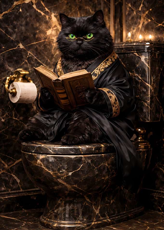 Chubby Black Cat Reading Book on Toilet Bathroom Art