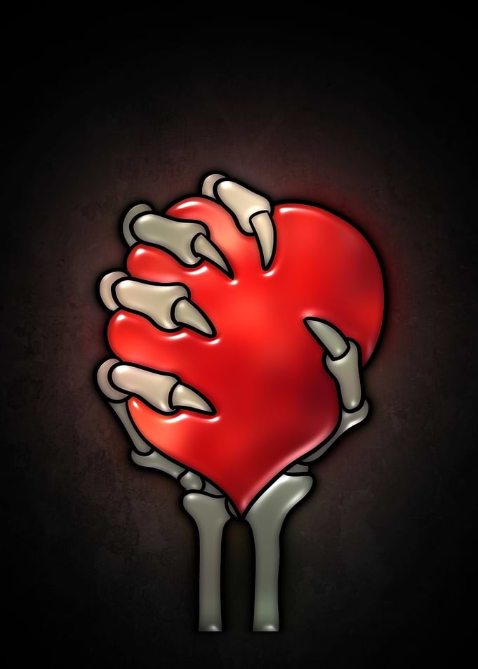 Skeleton Hands Holding Red Heart